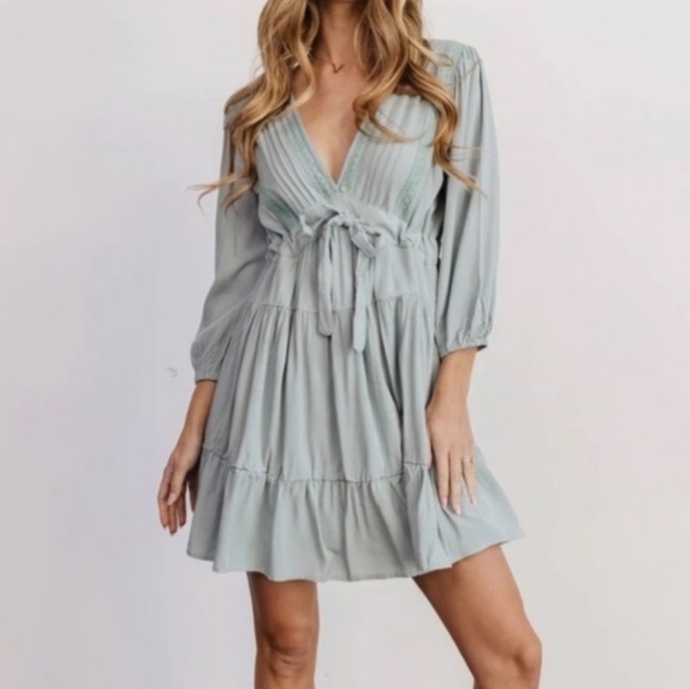 Baltic Born Amelia Sage Green Boho Mini Dress S Ruffle Tie Waist